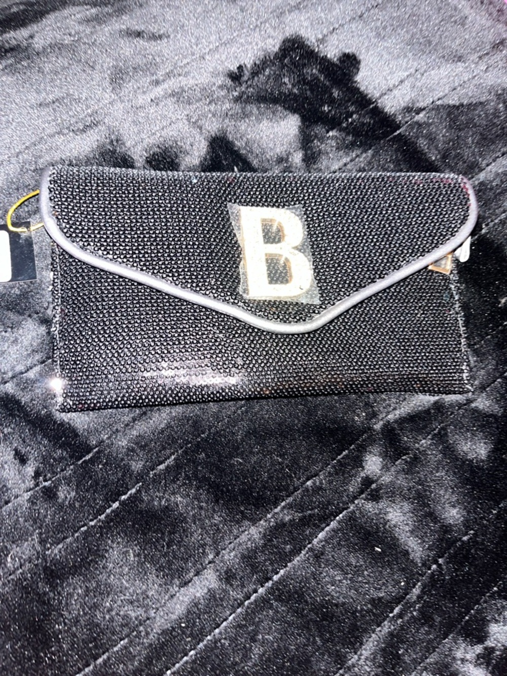 bebe Black Crystal Envelope Clutch with Gold 'B' Emblem